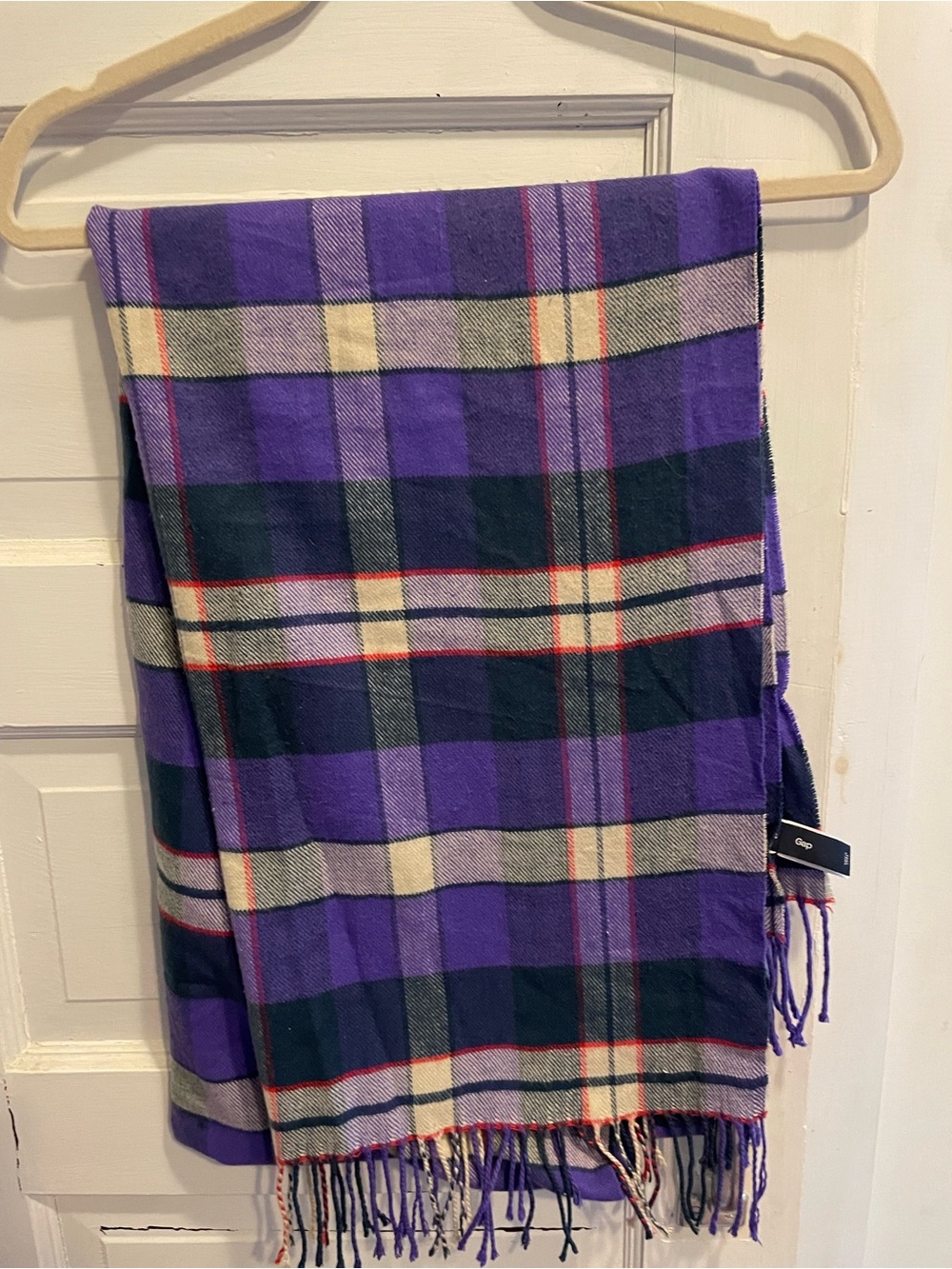 Gap Purple Plaid Oversized Scarf Fringe Tartan Preppy